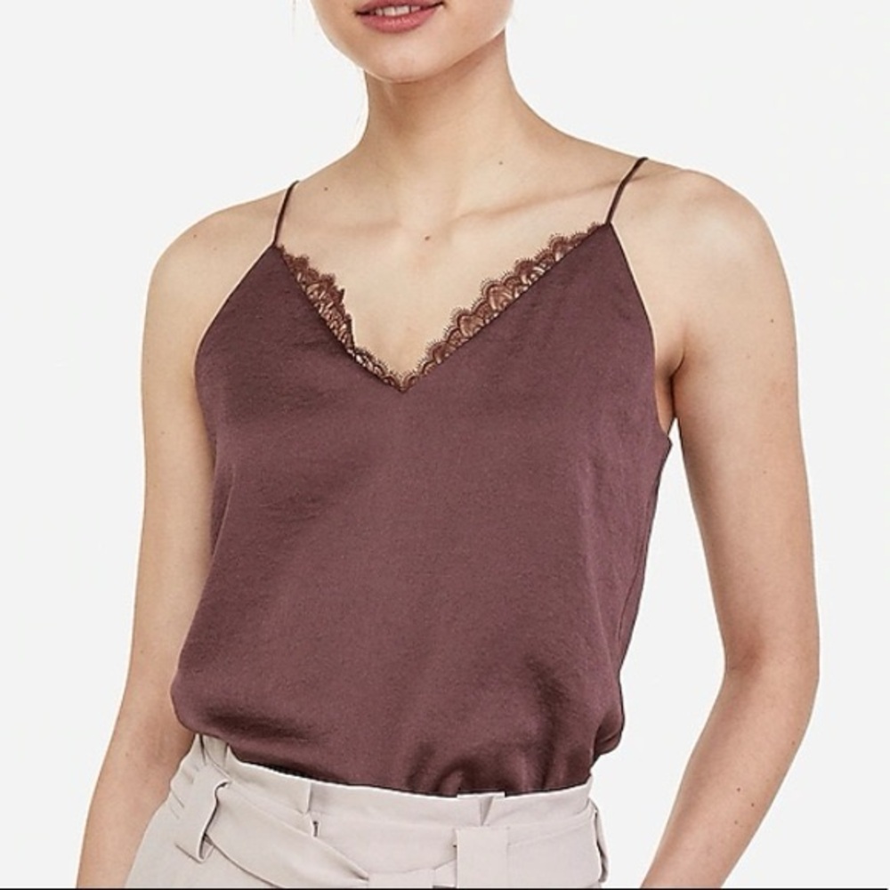 Express Satin Lace-Trim Cami in Mauve Brown